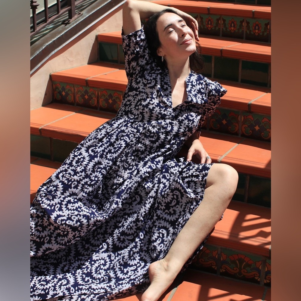 Matta cotton maxi dress ikat print navy blue